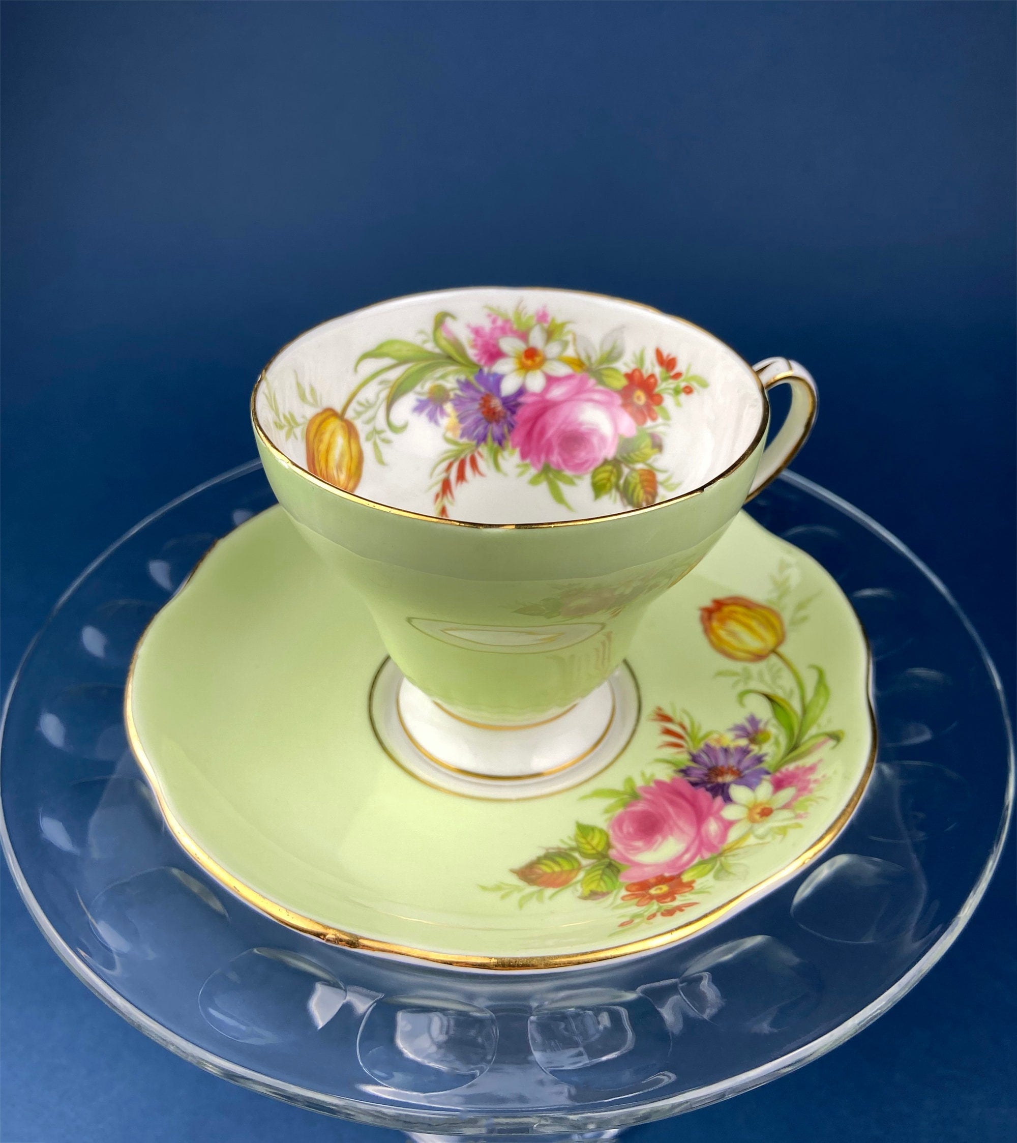 Vintage Foley Fine Bone China Tea Cup & Saucer, Mint Green Floral, Made in England