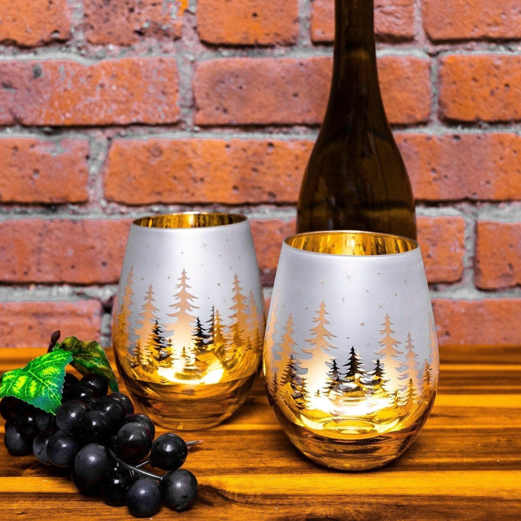 Gold Pine Tree Stemless Wine Glasses