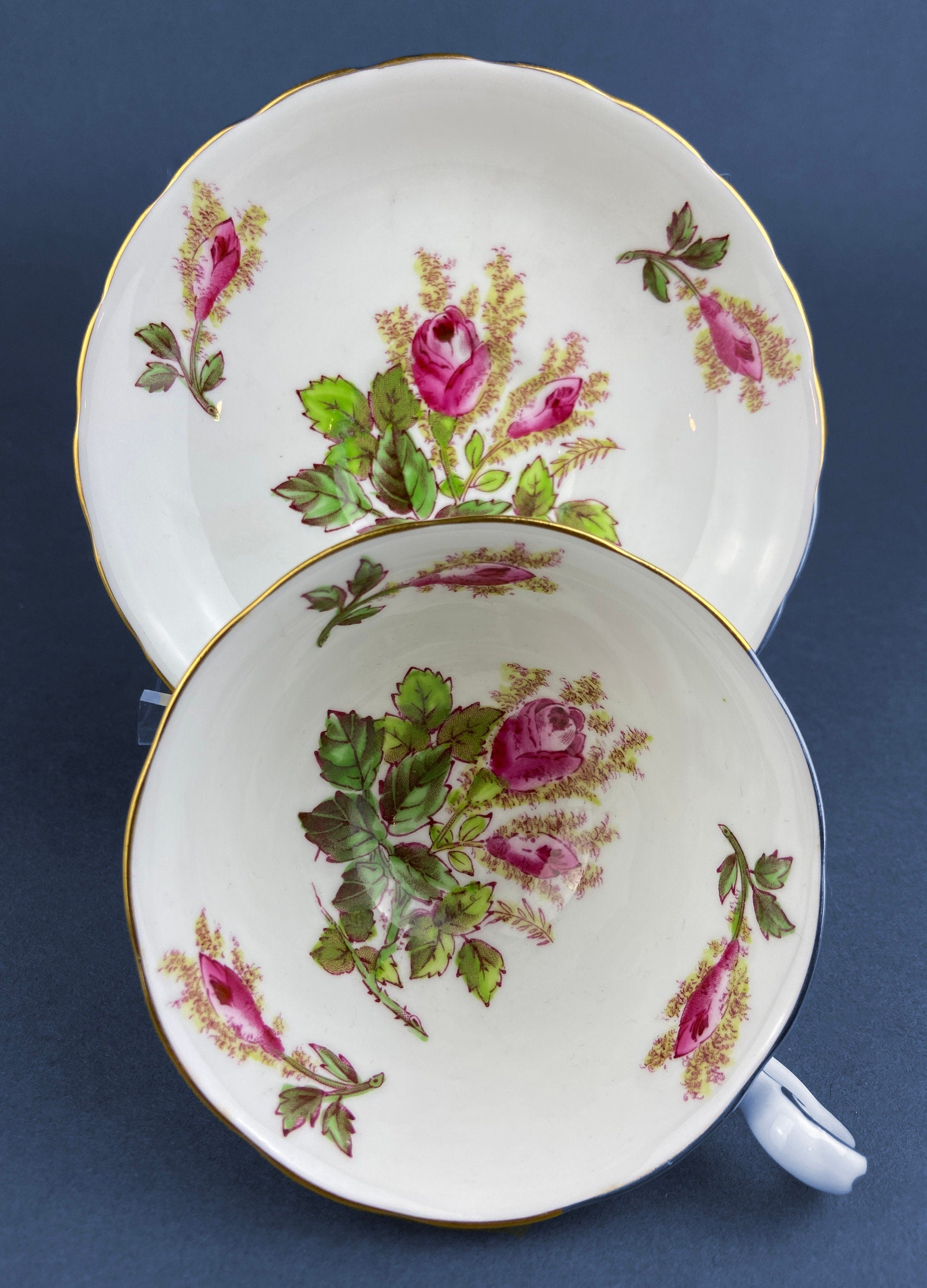 Vintage Royal Chelsey Moss Rose Tea Cup and Saucer, English Bone China