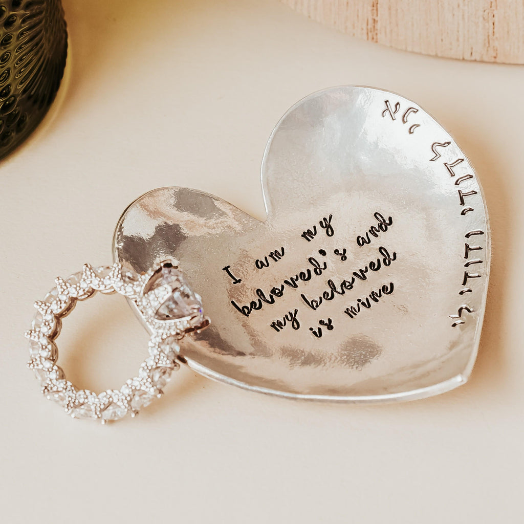 Song of Solomon Heart Shaped Pewter Ring Dish for Bride and Groom