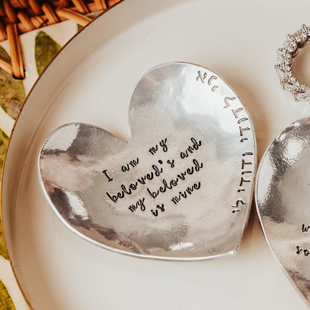 Song of Solomon Heart Shaped Pewter Ring Dish for Bride and Groom