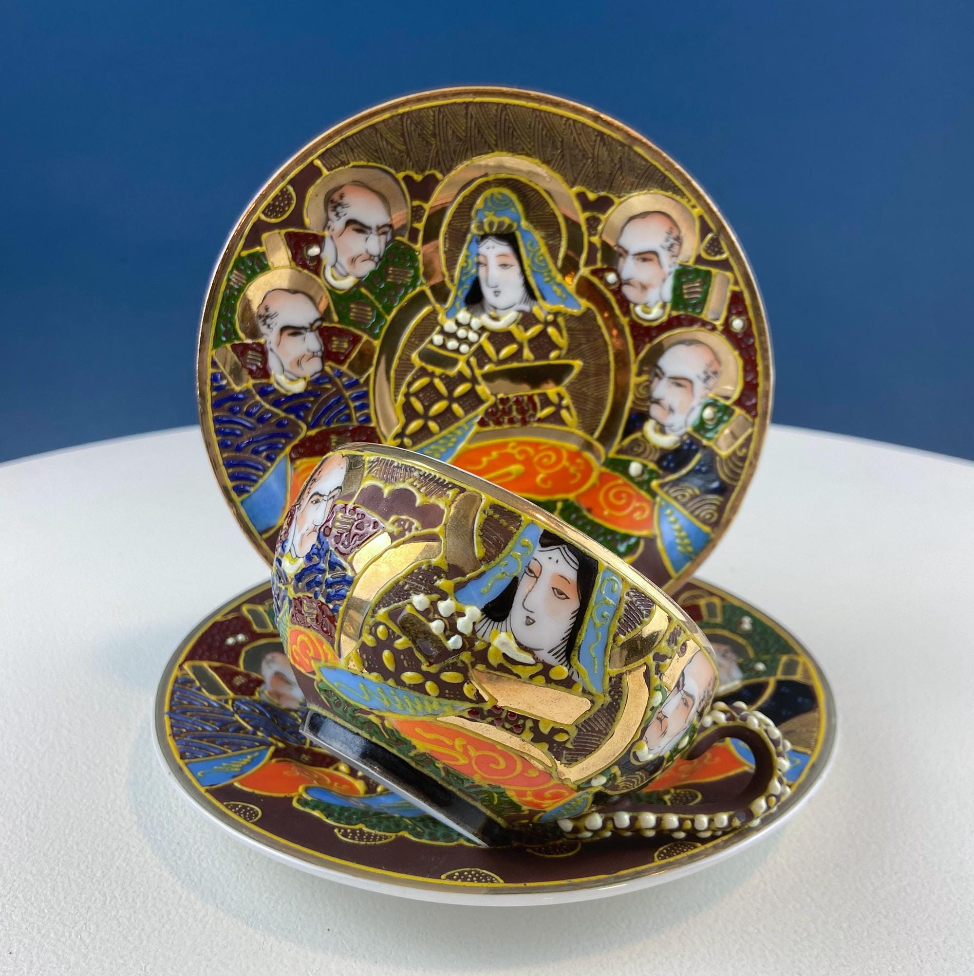 Vintage Satsuma Moriage Japanese Gold Dragon Tea Set. 4 Cups & Saucers. 3 D Dragons. Gift for Tea Connoisseur Collector. Asian Home Decor.