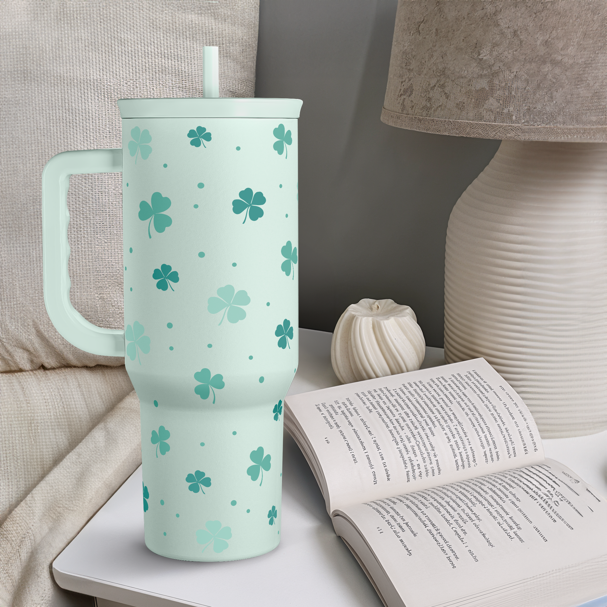 40oz Shamrock Tumbler with Handle and Straw - Insulated Stainless Steel Coffee Travel Mug, Christmas St. Patrick's Day Irish Gifts