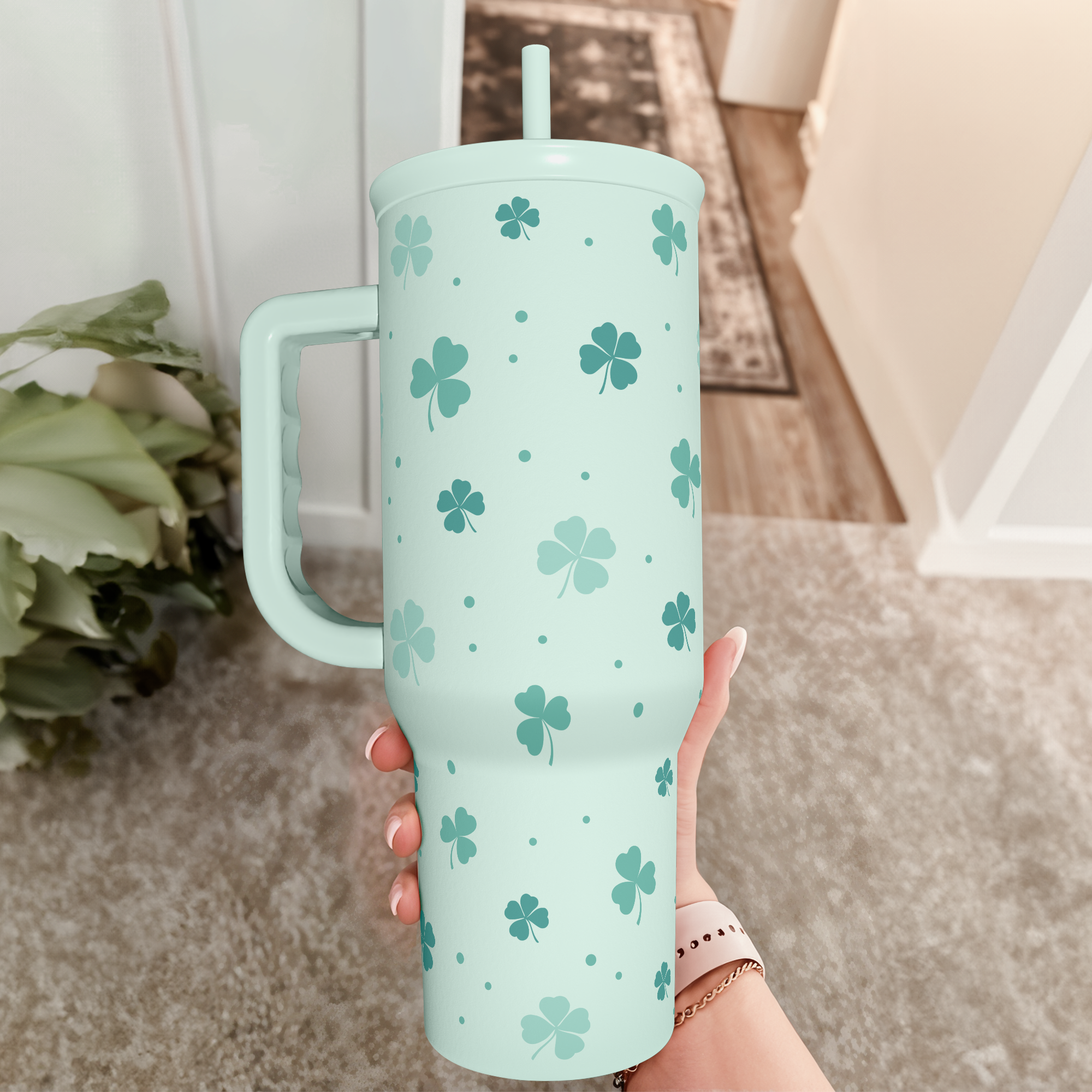 40oz Shamrock Tumbler with Handle and Straw - Insulated Stainless Steel Coffee Travel Mug, Christmas St. Patrick's Day Irish Gifts
