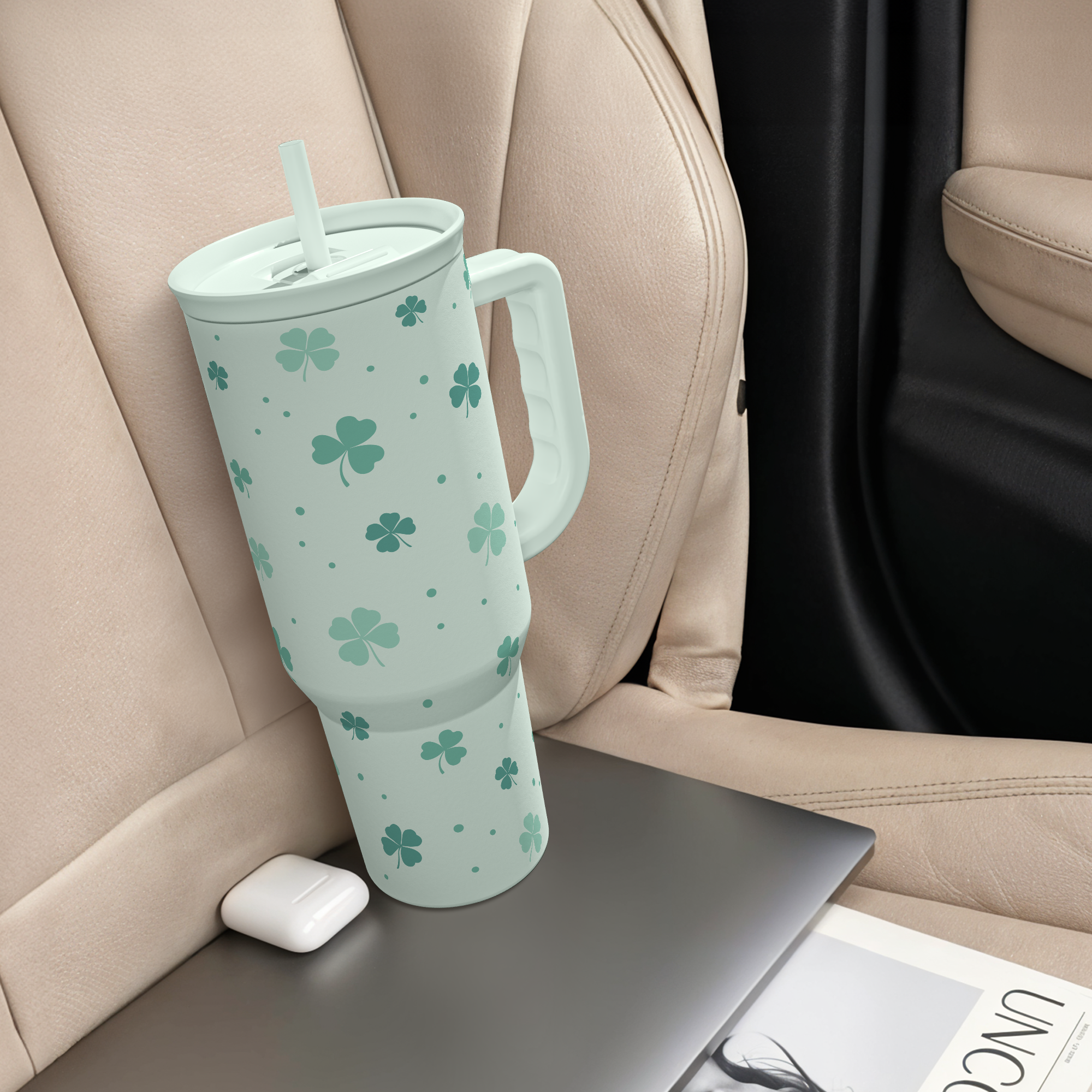 40oz Shamrock Tumbler with Handle and Straw - Insulated Stainless Steel Coffee Travel Mug, Christmas St. Patrick's Day Irish Gifts