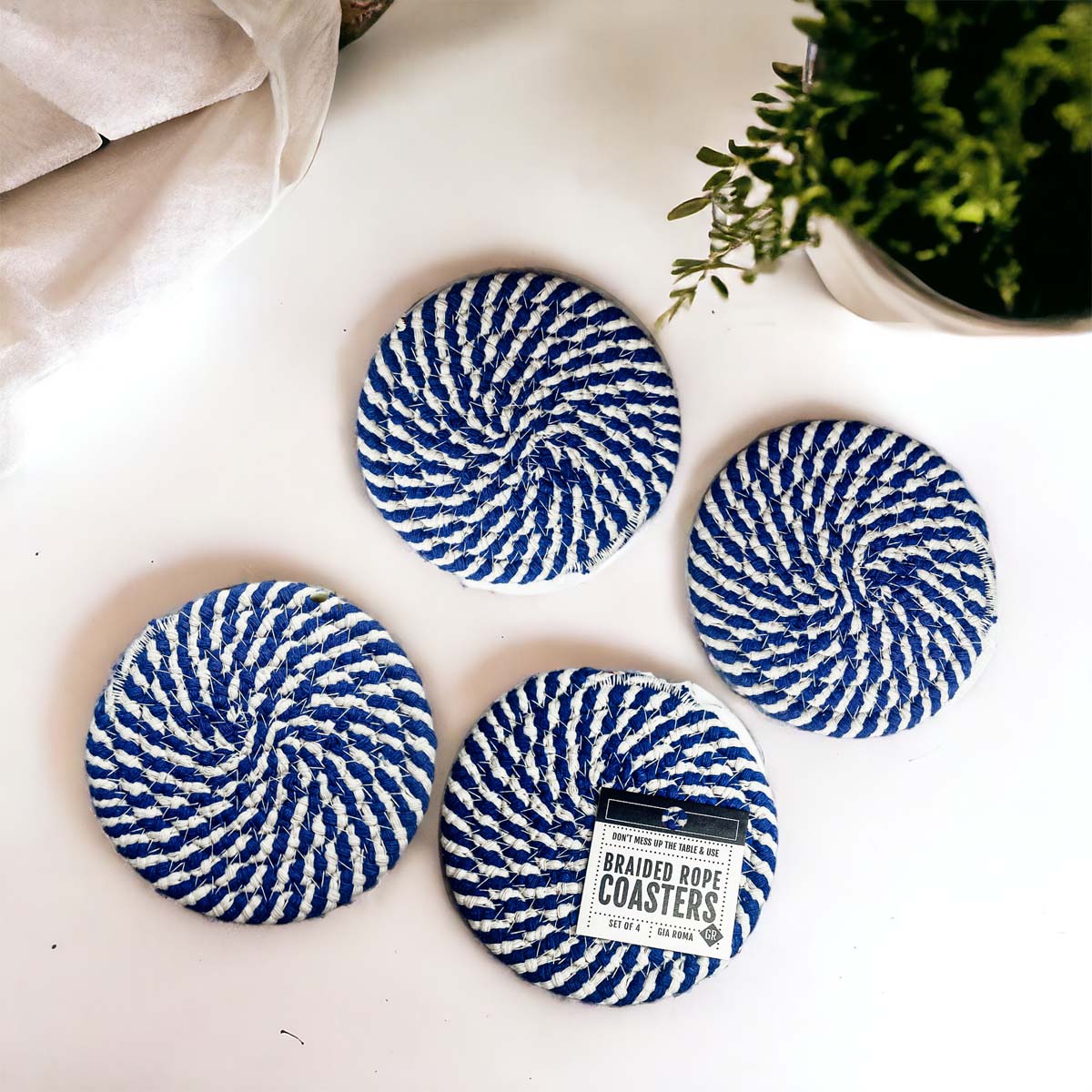 Black Braided Coaster Set 4-Pack Candy Cane Stripe Coasters Table Protectors