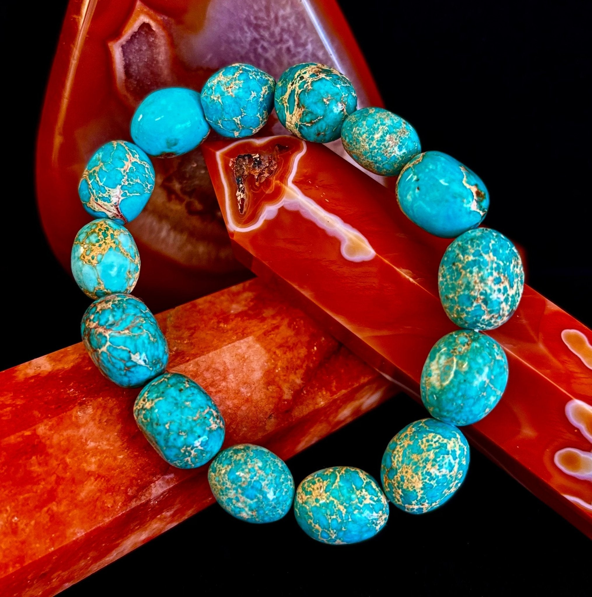 Imperial Jasper Nugget Stretch Bracelet — Natural Turquoise Green Jasper Statement Bracelet (Medium to Large Wrists) - Che Cose Belle