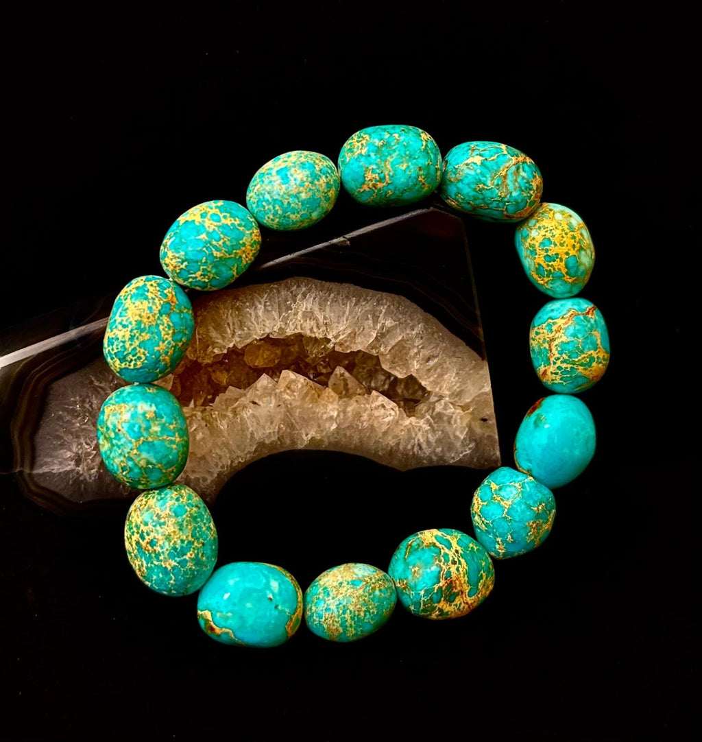 Imperial Jasper Nugget Stretch Bracelet — Natural Turquoise Green Jasper Statement Bracelet (Medium to Large Wrists) - Che Cose Belle