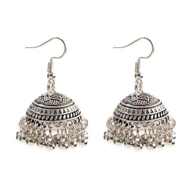 Indian Jhumka Jhumki Ethnic Dangle Earring Sets for Women Vintage Silver Gold Long Tassel Bell Drop Earrings Boho Jewelry Ethnic Silver Color Dangle Earrings For Women Drop Tassel Earrings for Women Bohemian Party Gift - Che Cose Belle