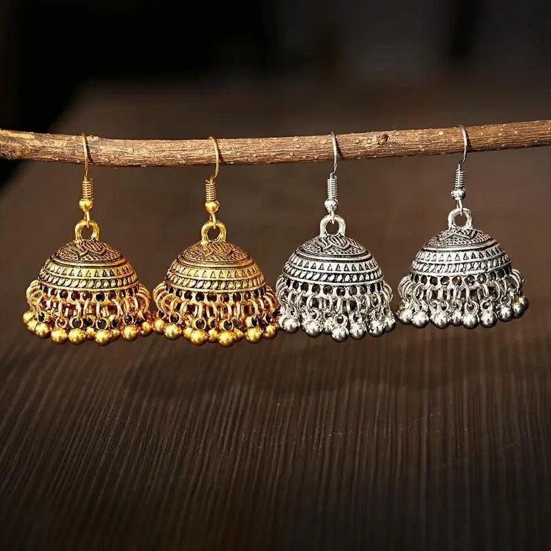 Indian Jhumka Jhumki Ethnic Dangle Earring Sets for Women Vintage Silver Gold Long Tassel Bell Drop Earrings Boho Jewelry Ethnic Silver Color Dangle Earrings For Women Drop Tassel Earrings for Women Bohemian Party Gift - Che Cose Belle
