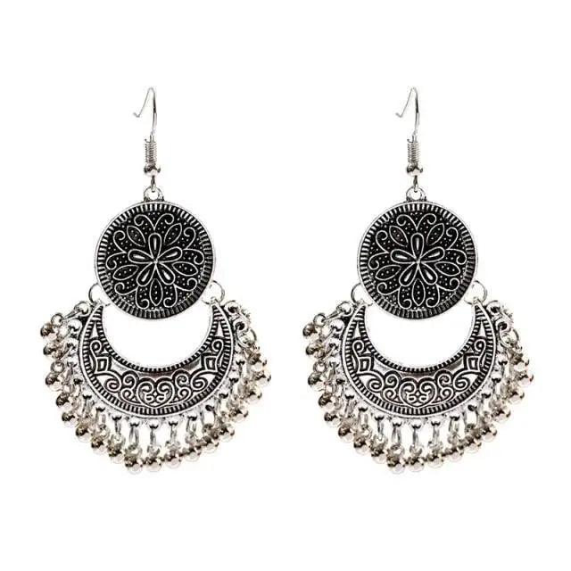 Indian Jhumka Jhumki Ethnic Dangle Earring Sets for Women Vintage Silver Gold Long Tassel Bell Drop Earrings Boho Jewelry Ethnic Silver Color Dangle Earrings For Women Drop Tassel Earrings for Women Bohemian Party Gift - Che Cose Belle