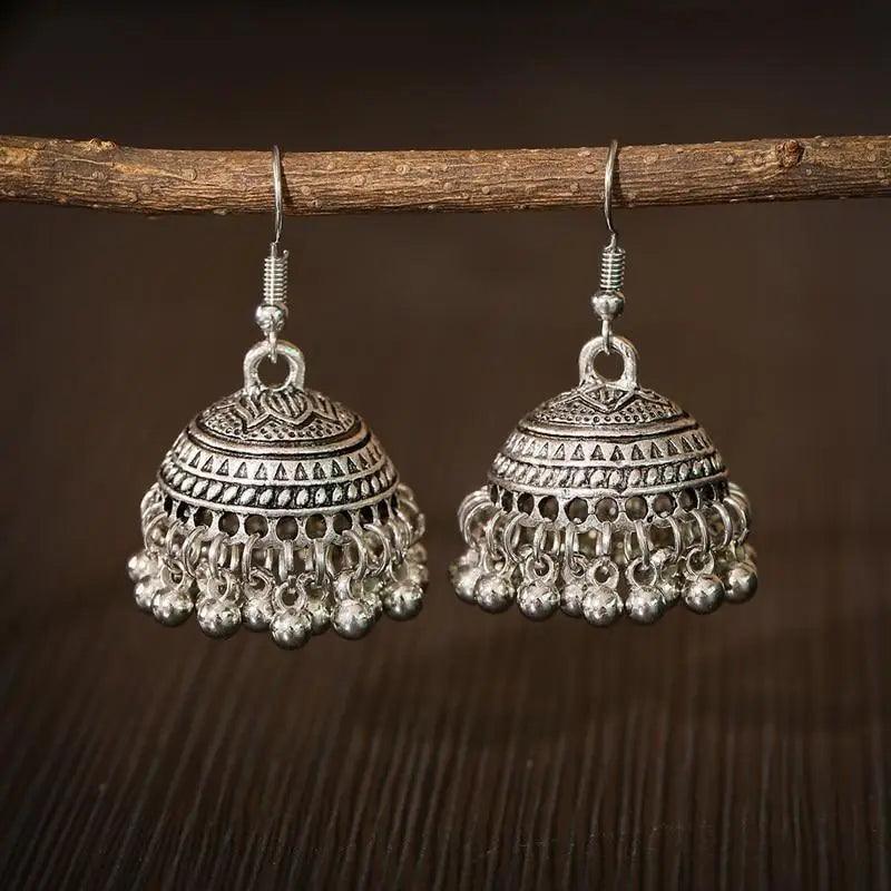 Indian Jhumka Jhumki Ethnic Dangle Earring Sets for Women Vintage Silver Gold Long Tassel Bell Drop Earrings Boho Jewelry Ethnic Silver Color Dangle Earrings For Women Drop Tassel Earrings for Women Bohemian Party Gift - Che Cose Belle