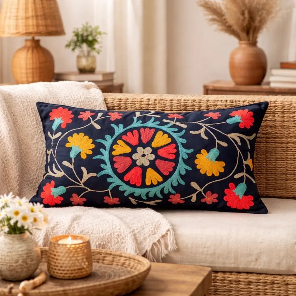 Indigo Artisan Aari Pillow | Cotton Fabric | 24x14" - Che Cose Belle