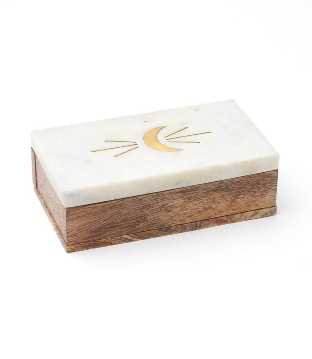 Indukala Crescent Moon Treasure Box - Wood, Marble, Brass - Che Cose Belle