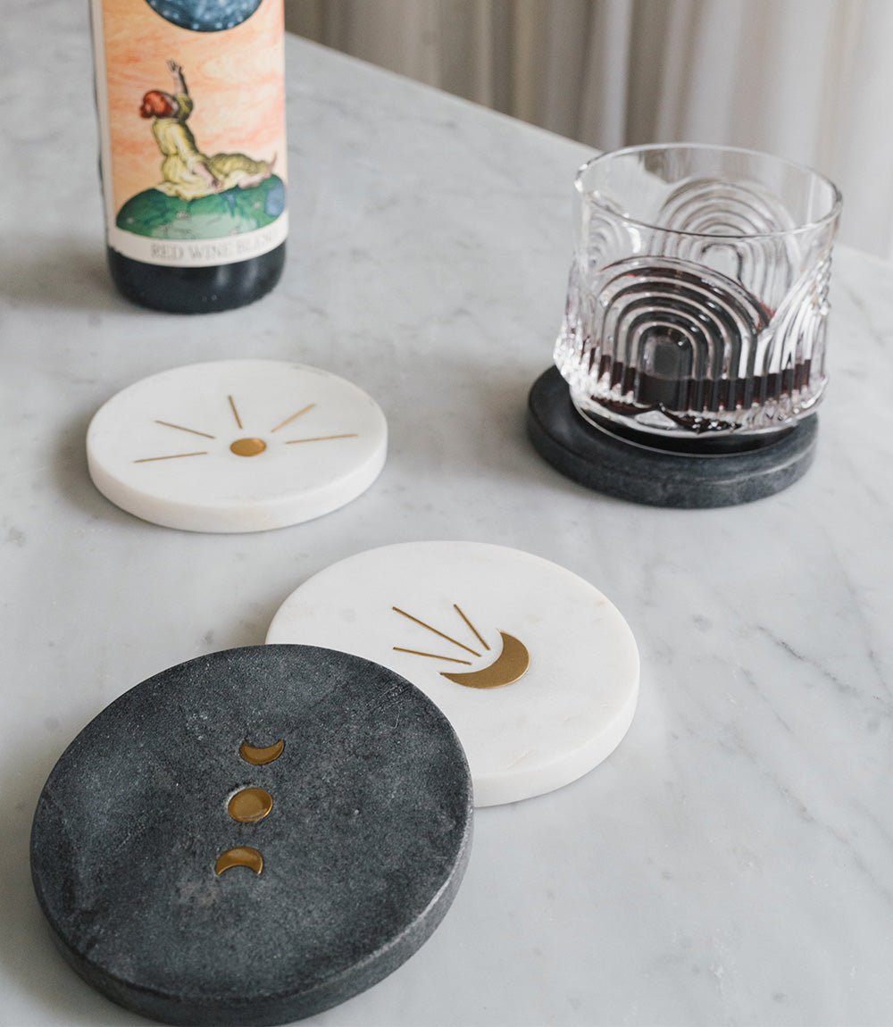 Indukala Moon Phase Marble Coasters - Black, White, Set of 4 - Che Cose Belle