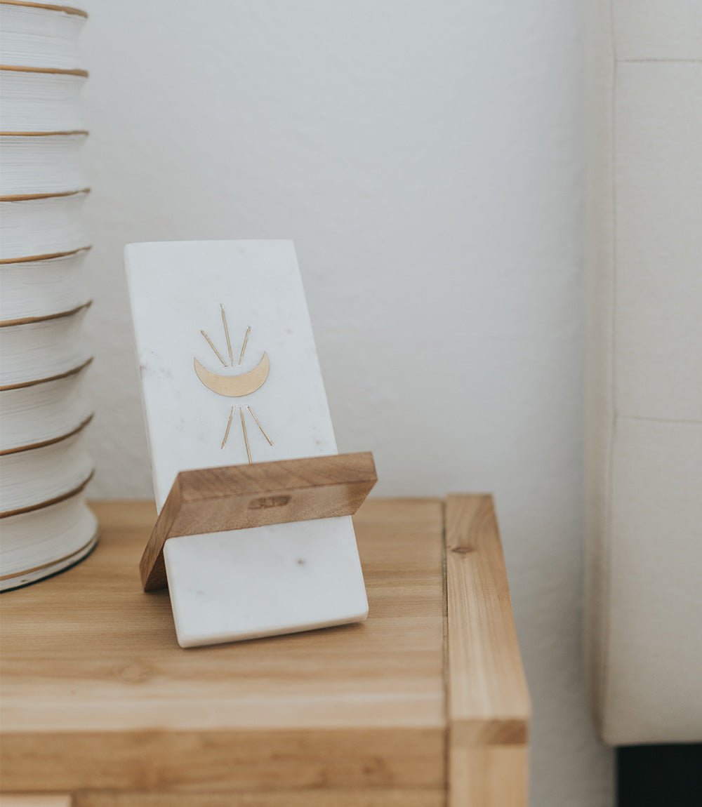 Indukala Moon Phase Phone Stand for Desk - Wood, Marble, Brass - Che Cose Belle