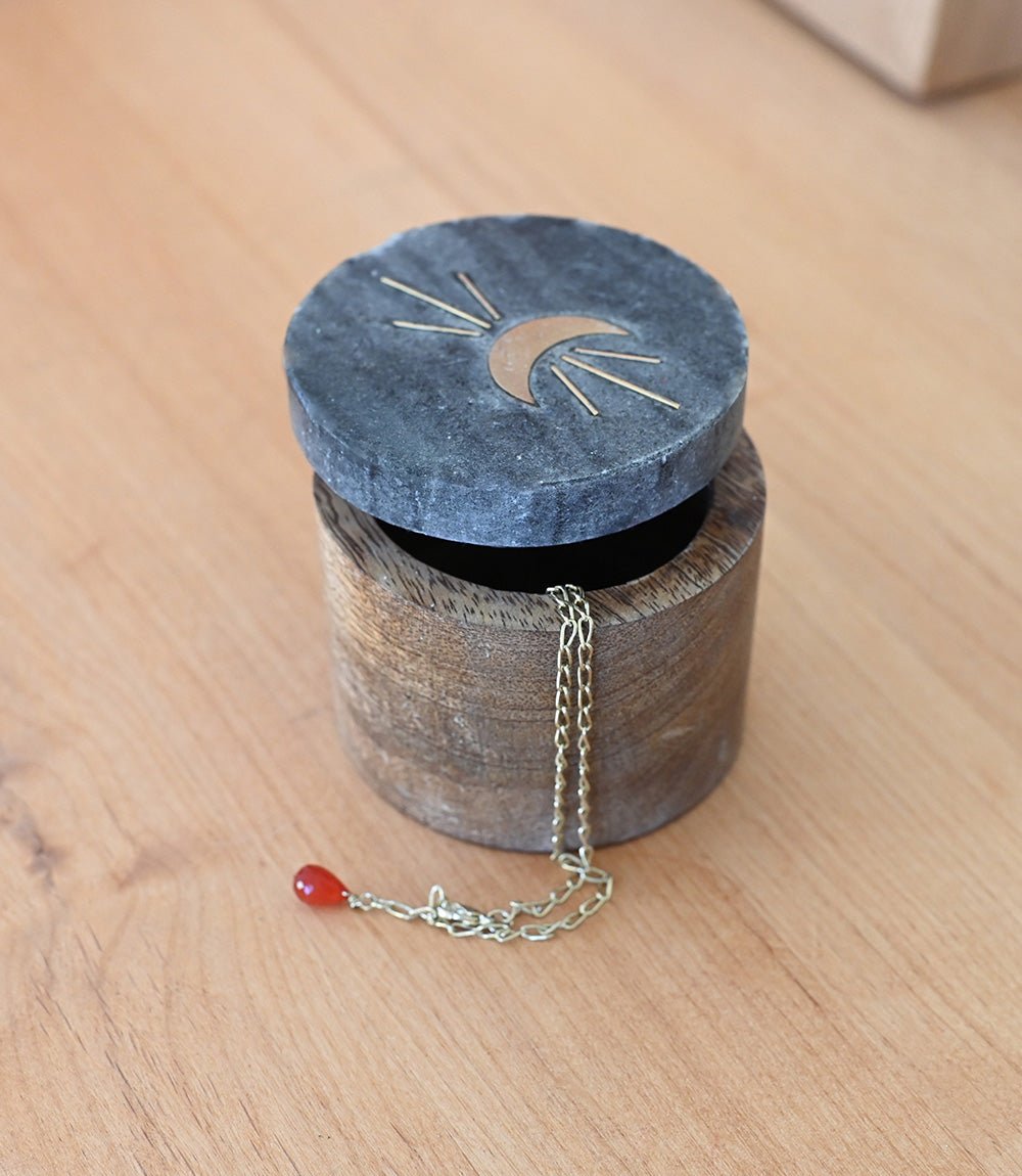 Indukala Moon Phase Round Keepsake Box - Black Marble, Wood, Brass - Che Cose Belle