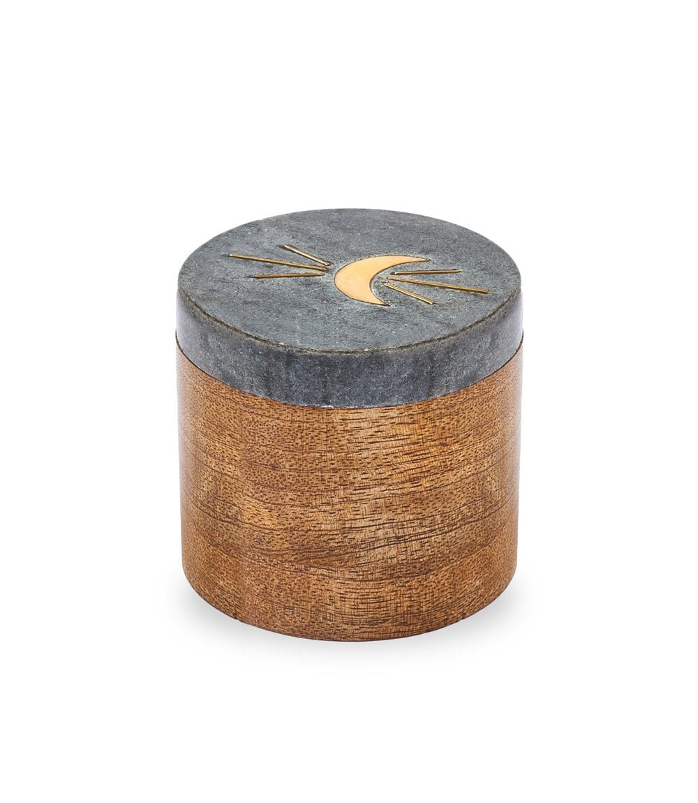 Indukala Moon Phase Round Keepsake Box - Black Marble, Wood, Brass - Che Cose Belle