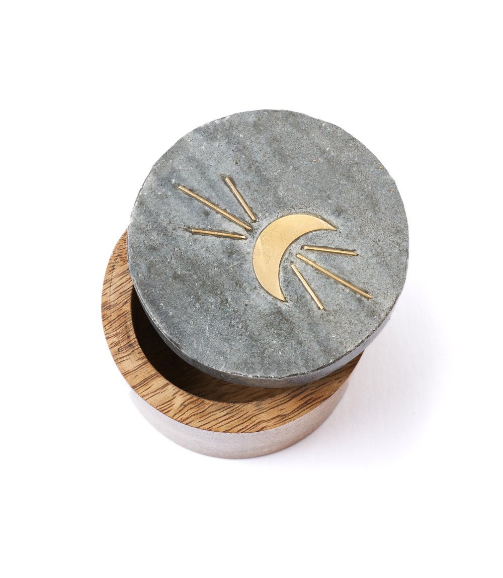 Indukala Moon Phase Round Keepsake Box - Black Marble, Wood, Brass - Che Cose Belle