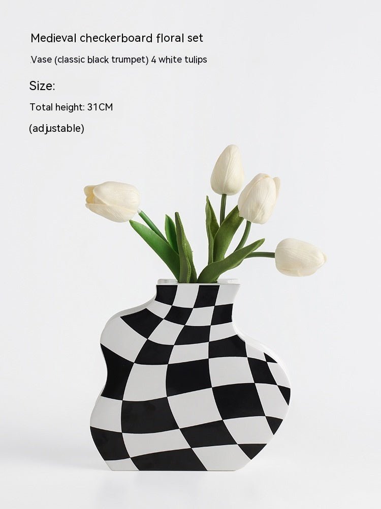 Ins Simple Chessboard Grid Ceramic Vase Living Room Bedroom Hydroponic Flower Vase Home Decoration Ornaments - Che Cose Belle