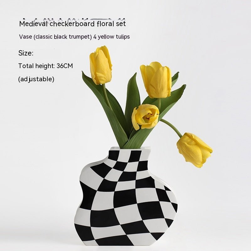 Ins Simple Chessboard Grid Ceramic Vase Living Room Bedroom Hydroponic Flower Vase Home Decoration Ornaments - Che Cose Belle