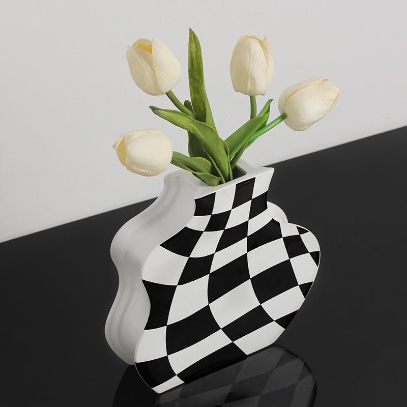 Ins Simple Chessboard Grid Ceramic Vase Living Room Bedroom Hydroponic Flower Vase Home Decoration Ornaments - Che Cose Belle
