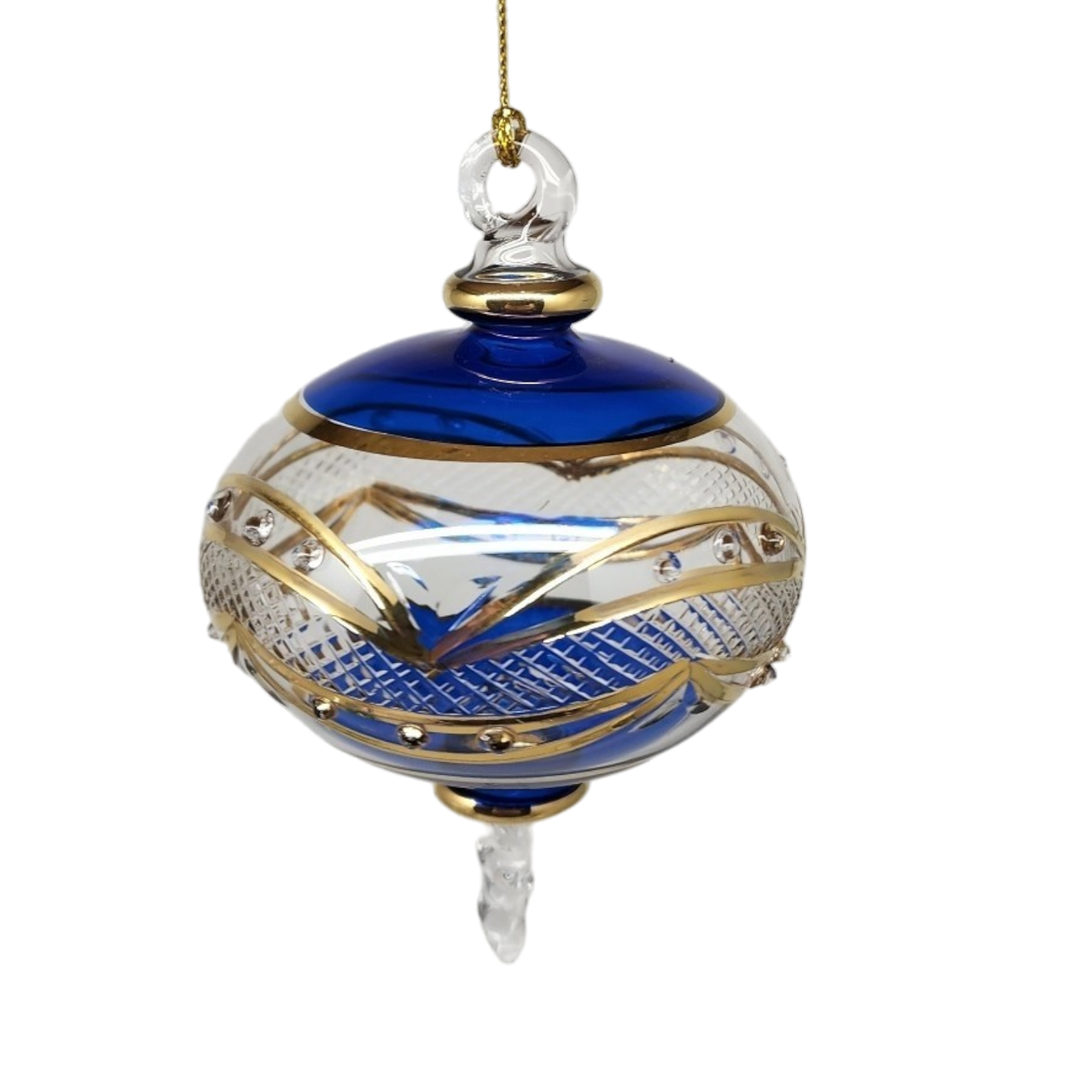 Gold Etched Blown Glass Sphere - Blue