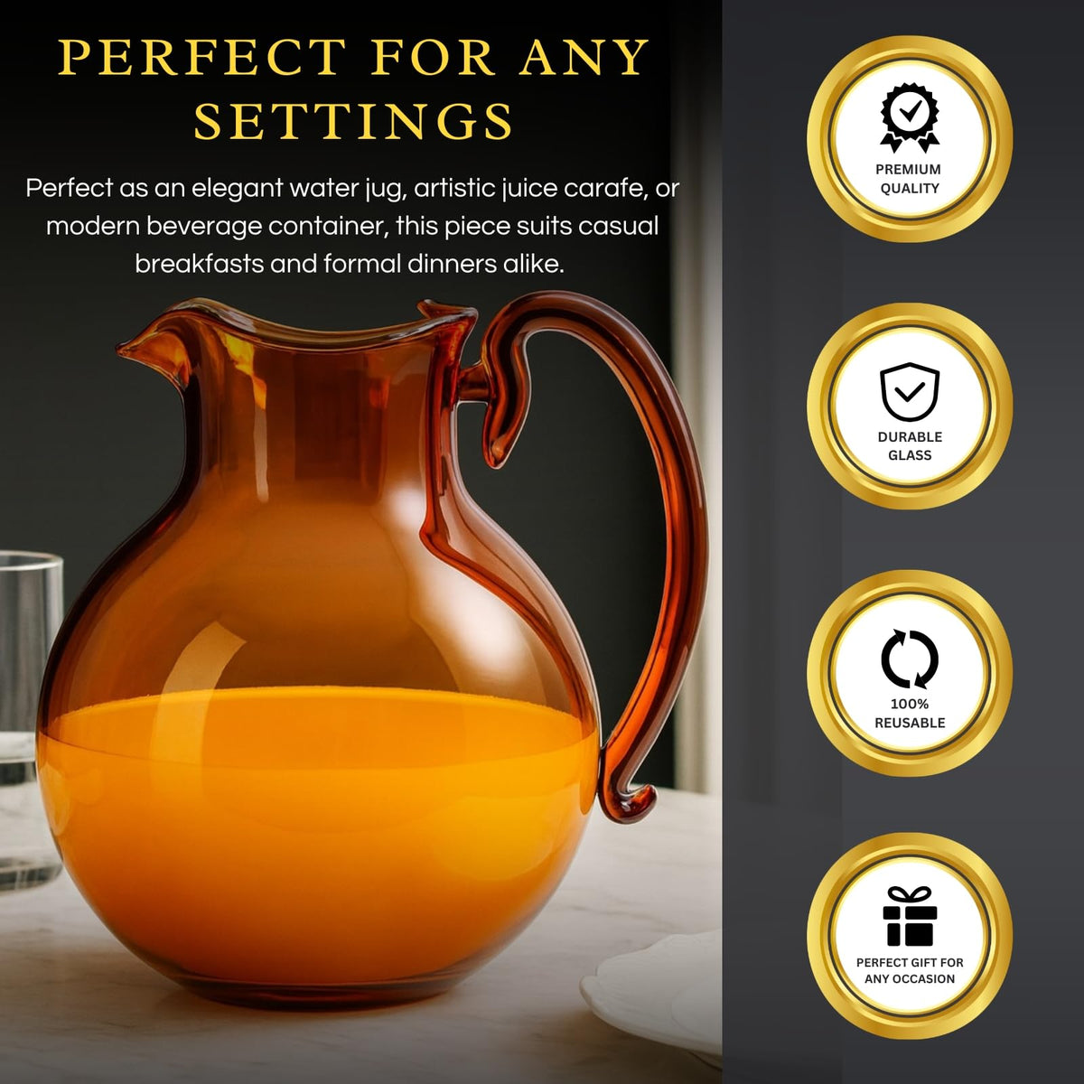 Italian Design Amber Glass Jug Mouth-Blown Venetian Pitcher 750ml Handmade Murano - Che Cose Belle