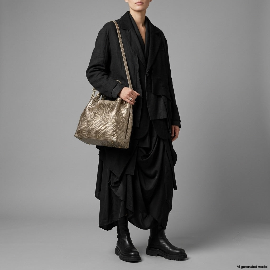 Italian Genuine Basketweave-Embossed Metallic Suede Top-Handle Bag | Imperia - Che Cose Belle