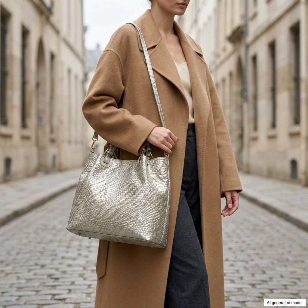 Italian Genuine Basketweave-Embossed Metallic Suede Top-Handle Bag | Imperia - Che Cose Belle