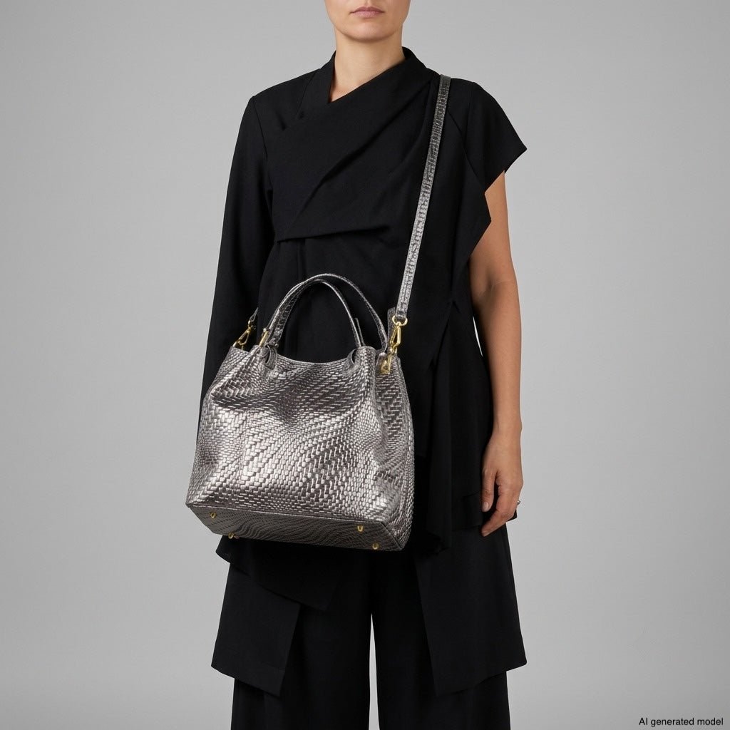 Italian Genuine Basketweave-Embossed Metallic Suede Top-Handle Bag | Imperia - Che Cose Belle