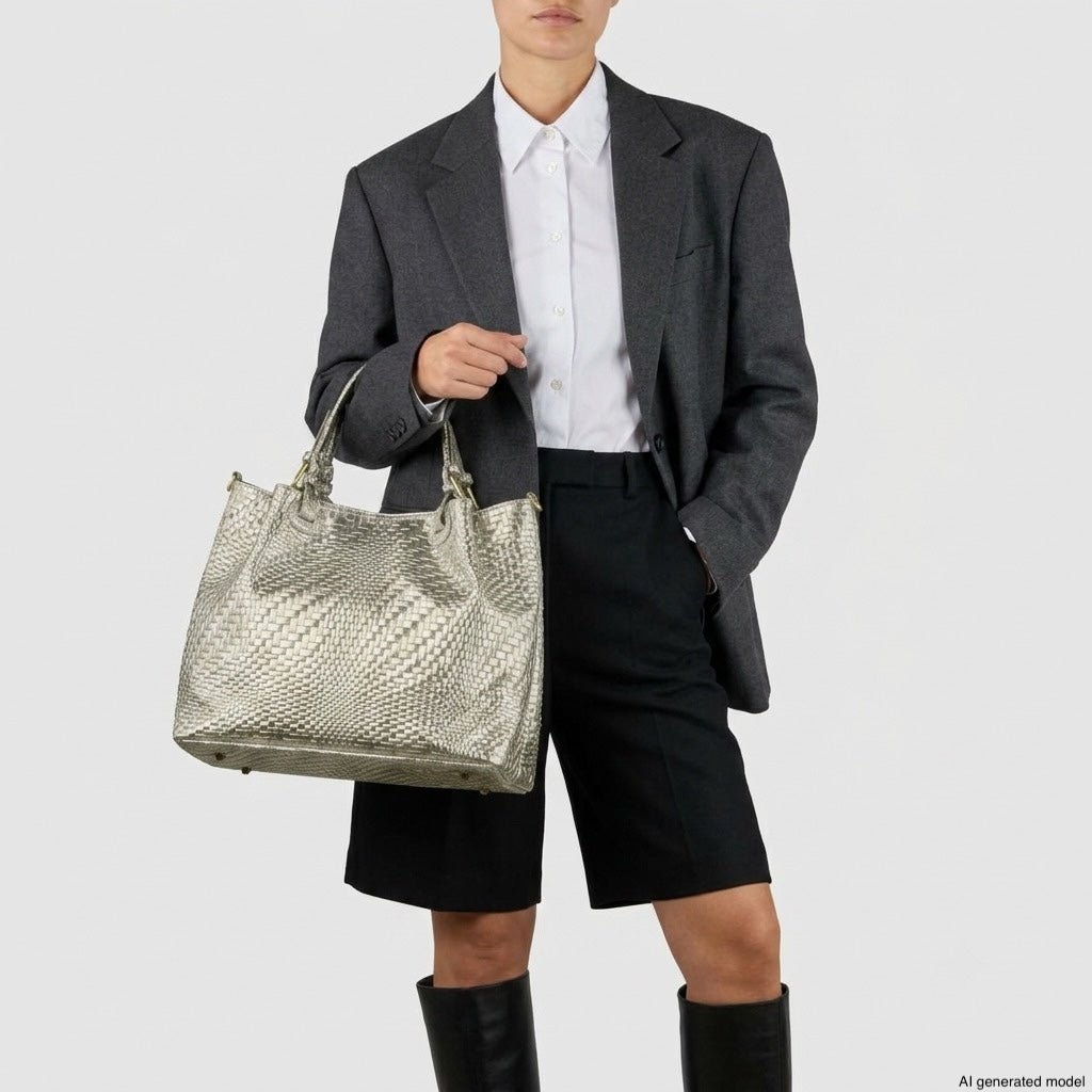 Italian Genuine Basketweave-Embossed Metallic Suede Top-Handle Bag | Imperia - Che Cose Belle