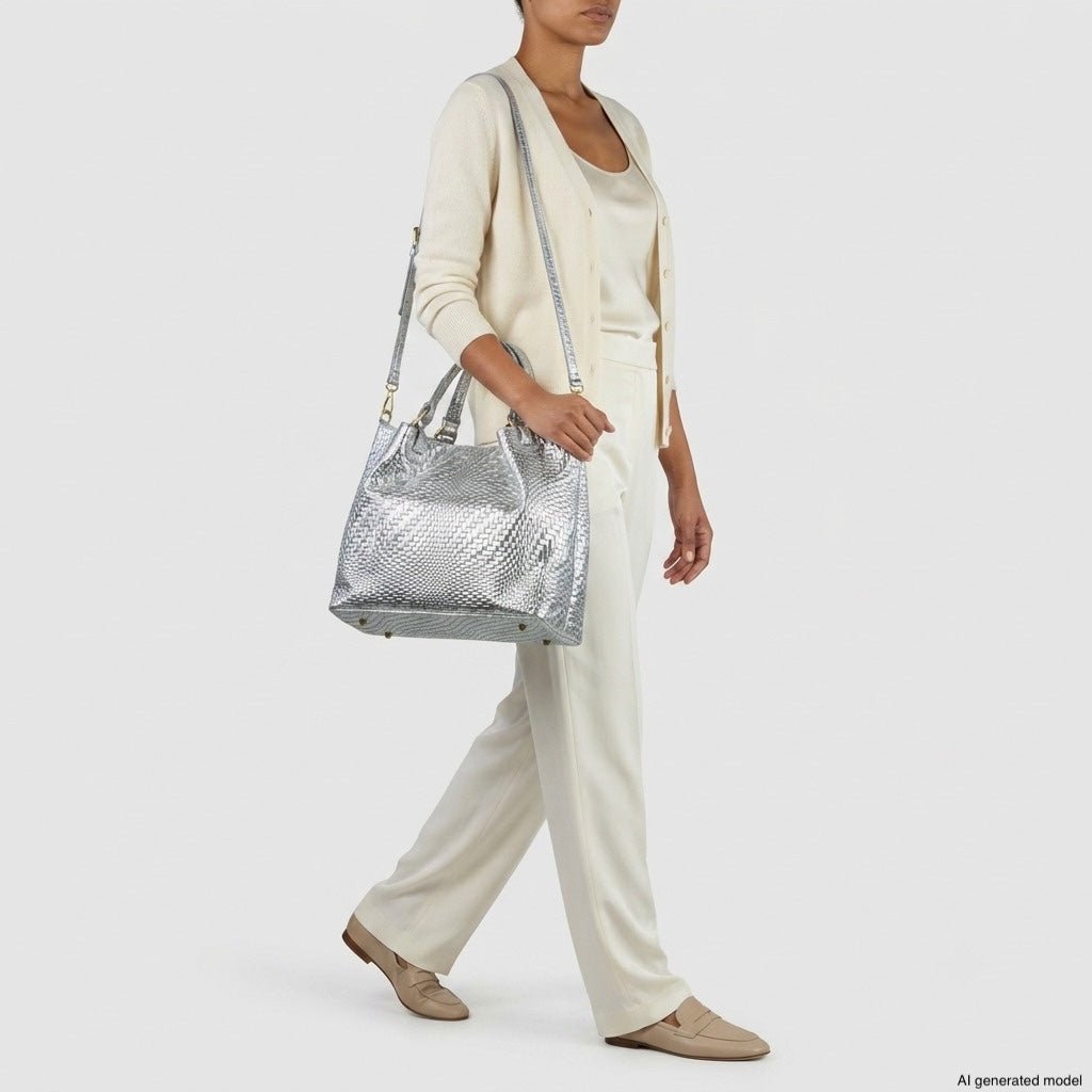 Italian Genuine Basketweave-Embossed Metallic Suede Top-Handle Bag | Imperia - Che Cose Belle