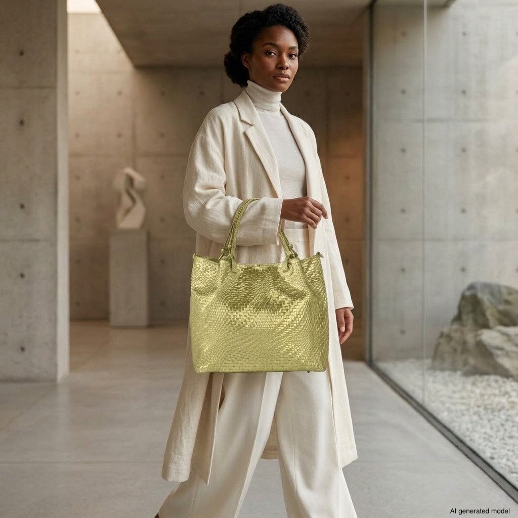 Italian Genuine Basketweave-Embossed Metallic Suede Top-Handle Bag | Imperia - Che Cose Belle