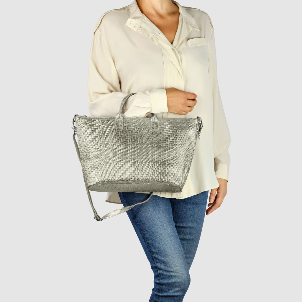 Italian Genuine Basketweave-Embossed Metallic Suede Top-Handle Bag | Treviso - Che Cose Belle