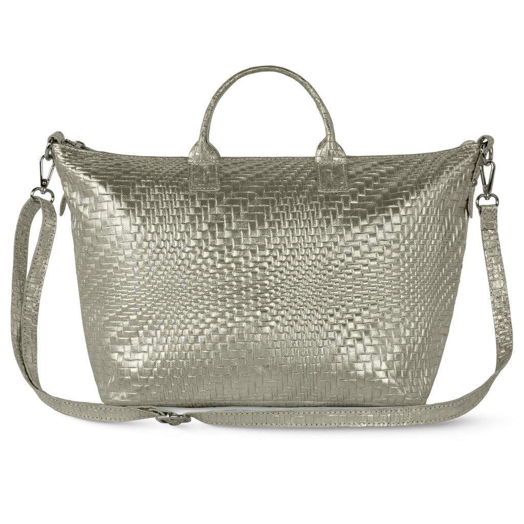 Italian Genuine Basketweave-Embossed Metallic Suede Top-Handle Bag | Treviso - Che Cose Belle