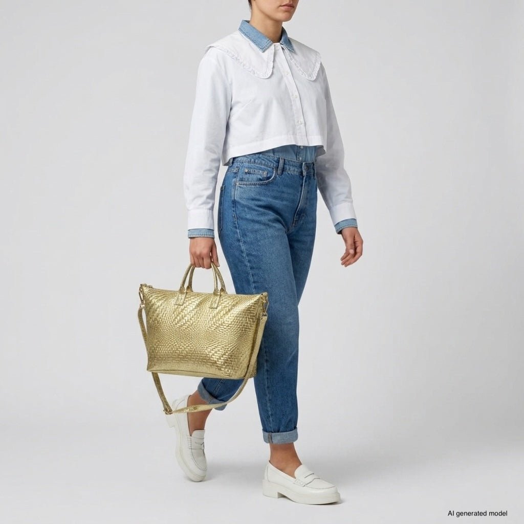 Italian Genuine Basketweave-Embossed Metallic Suede Top-Handle Bag | Treviso - Che Cose Belle