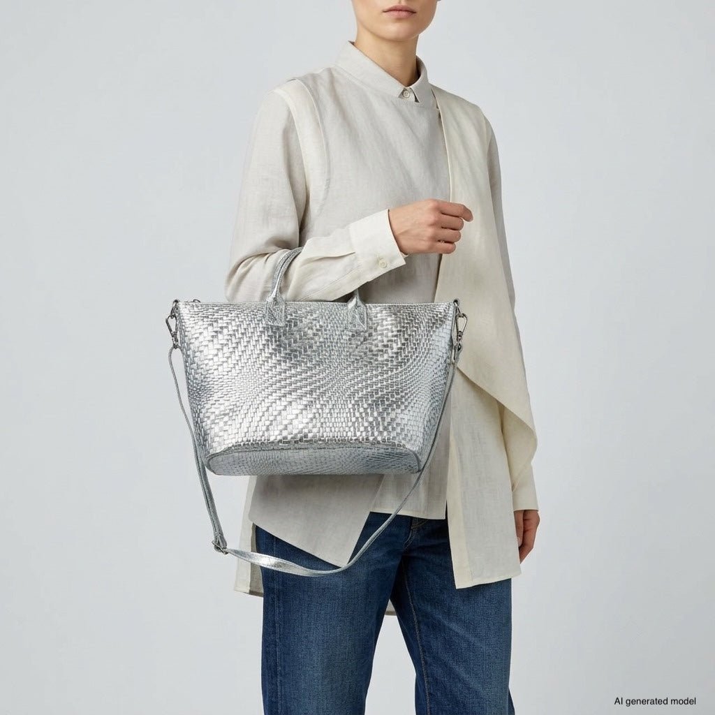 Italian Genuine Basketweave-Embossed Metallic Suede Top-Handle Bag | Treviso - Che Cose Belle