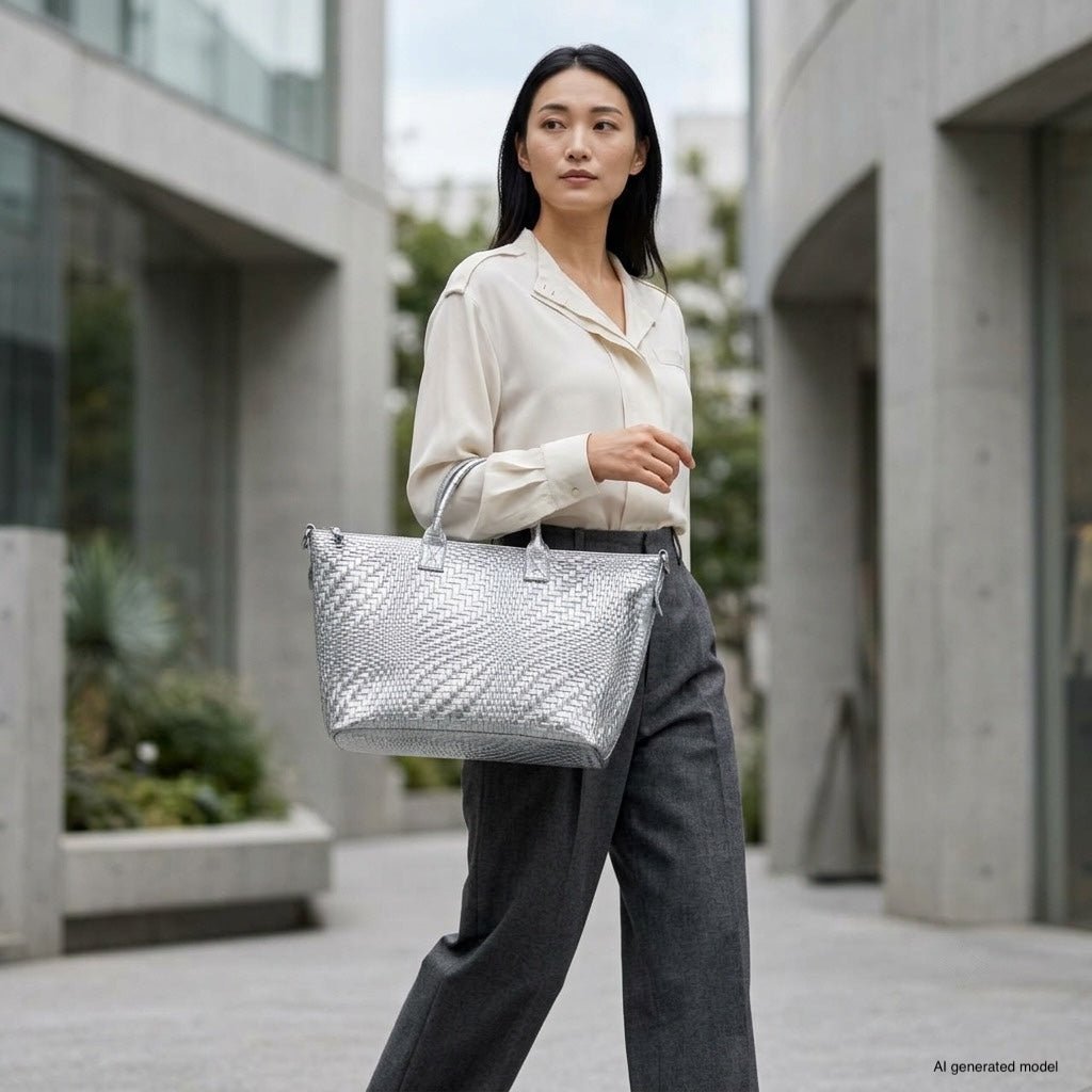 Italian Genuine Basketweave-Embossed Metallic Suede Top-Handle Bag | Treviso - Che Cose Belle