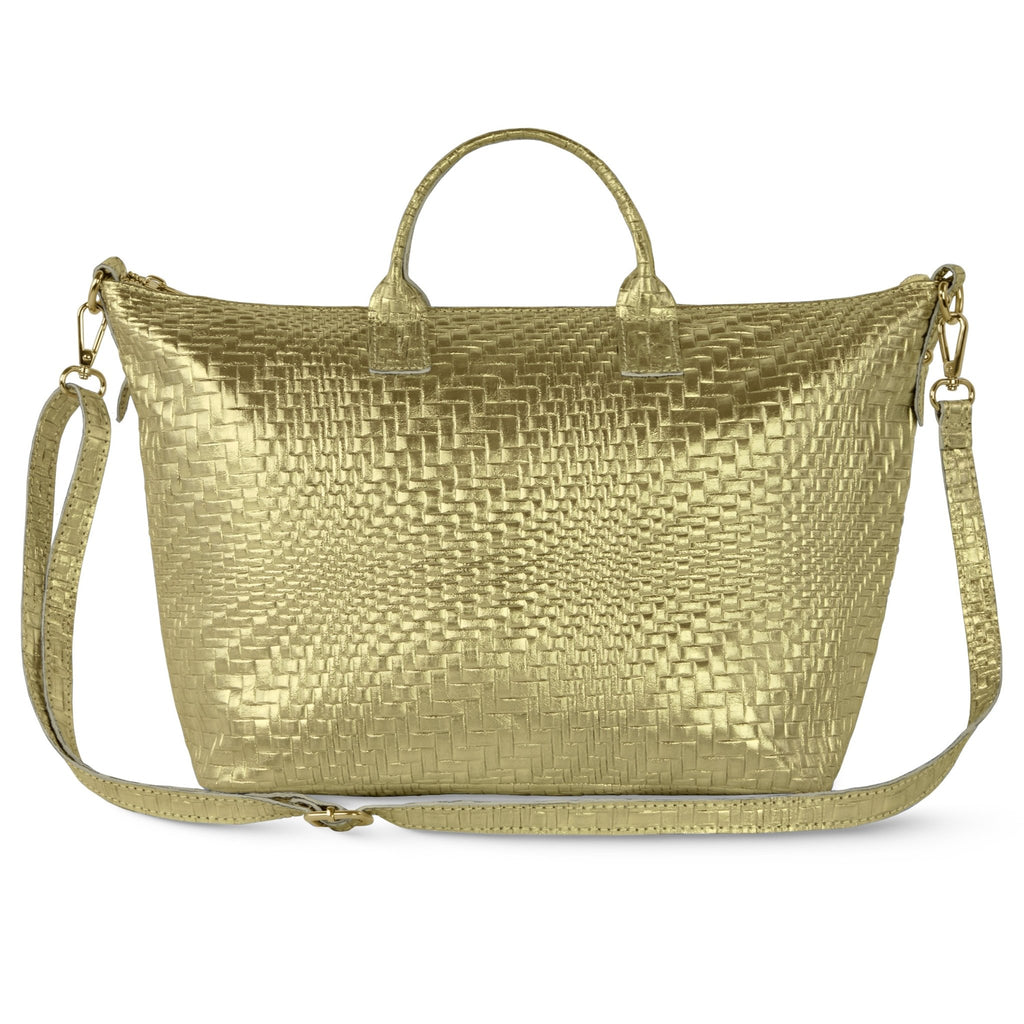 Italian Genuine Basketweave-Embossed Metallic Suede Top-Handle Bag | Treviso - Che Cose Belle