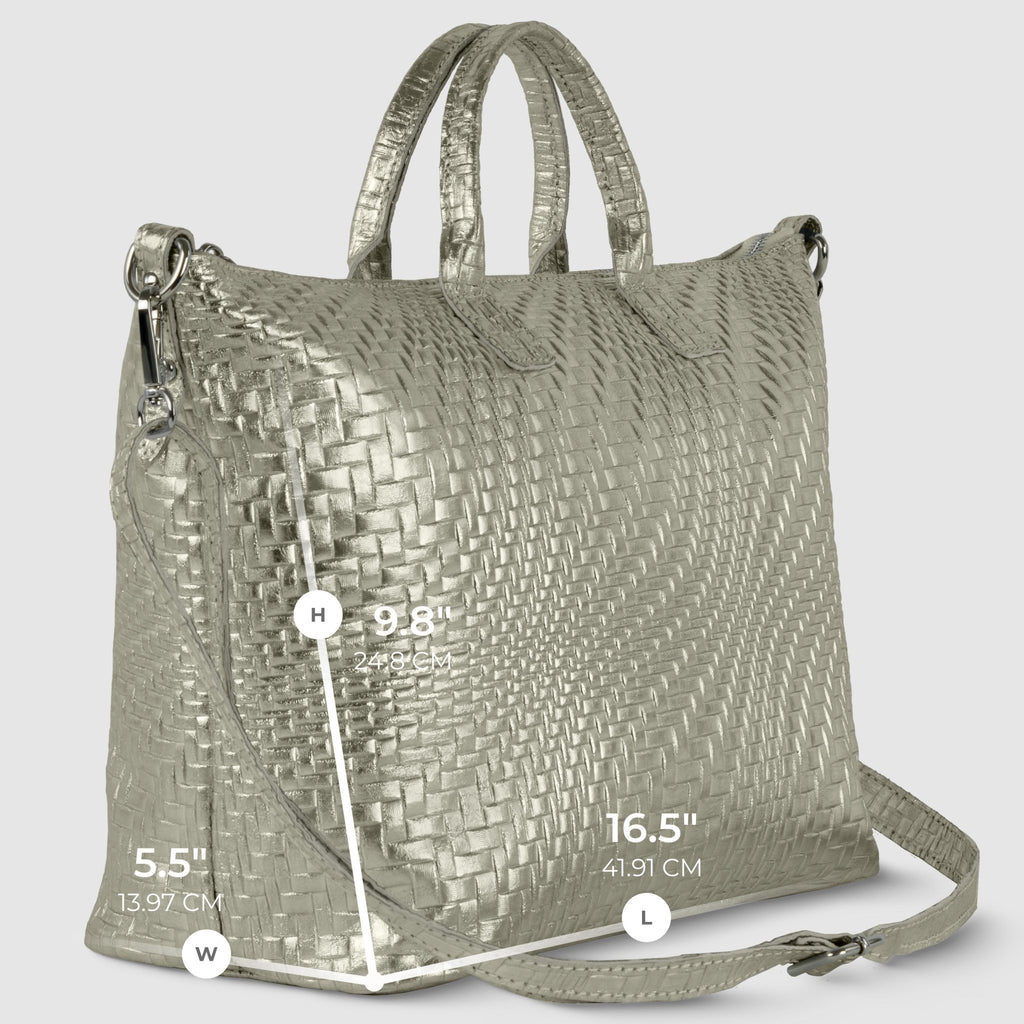 Italian Genuine Basketweave-Embossed Metallic Suede Top-Handle Bag | Treviso - Che Cose Belle