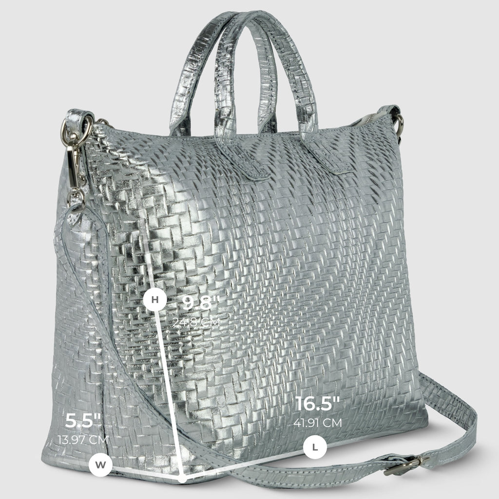 Italian Genuine Basketweave-Embossed Metallic Suede Top-Handle Bag | Treviso - Che Cose Belle