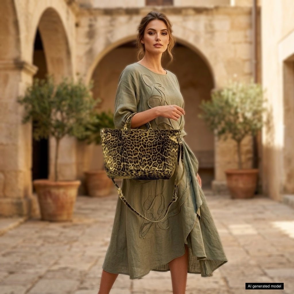 Italian Genuine Leopard-Print Metallic Suede Top-Handle Bag | Rimini - Che Cose Belle