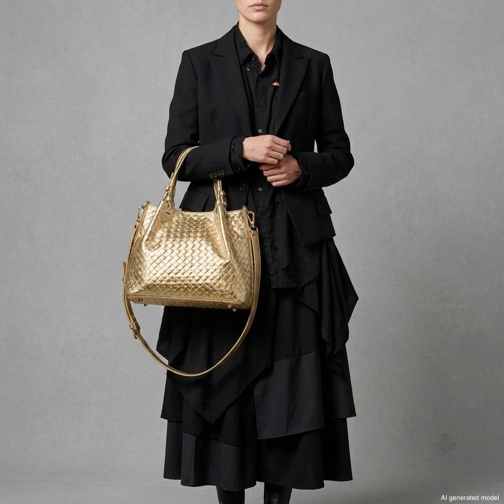 Italian Genuine Woven-Embossed Metallic Suede Top-Handle Bag | Savona - Che Cose Belle