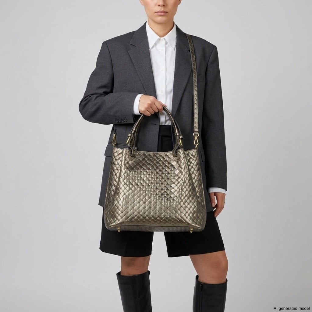 Italian Genuine Woven-Embossed Metallic Suede Top-Handle Bag | Savona - Che Cose Belle