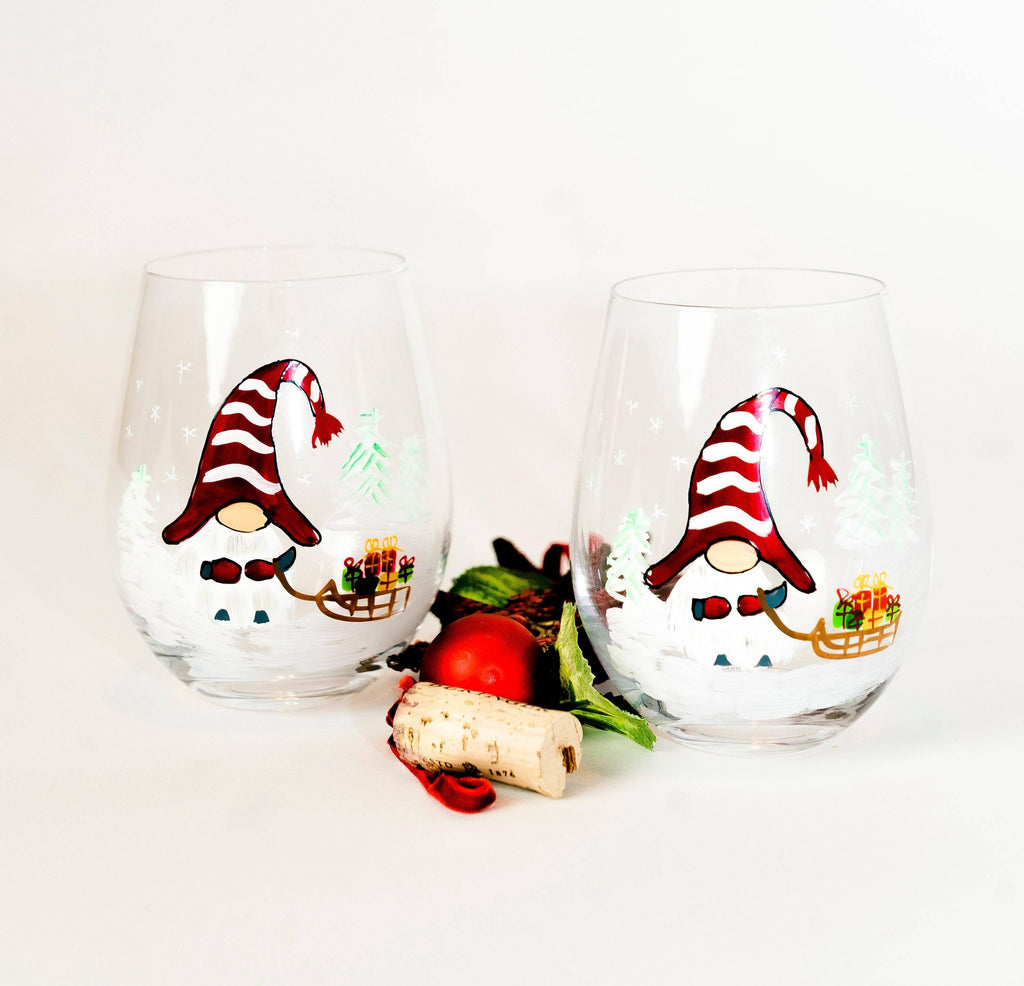 Painted Christmas Gnome Stemless Wine Glasses