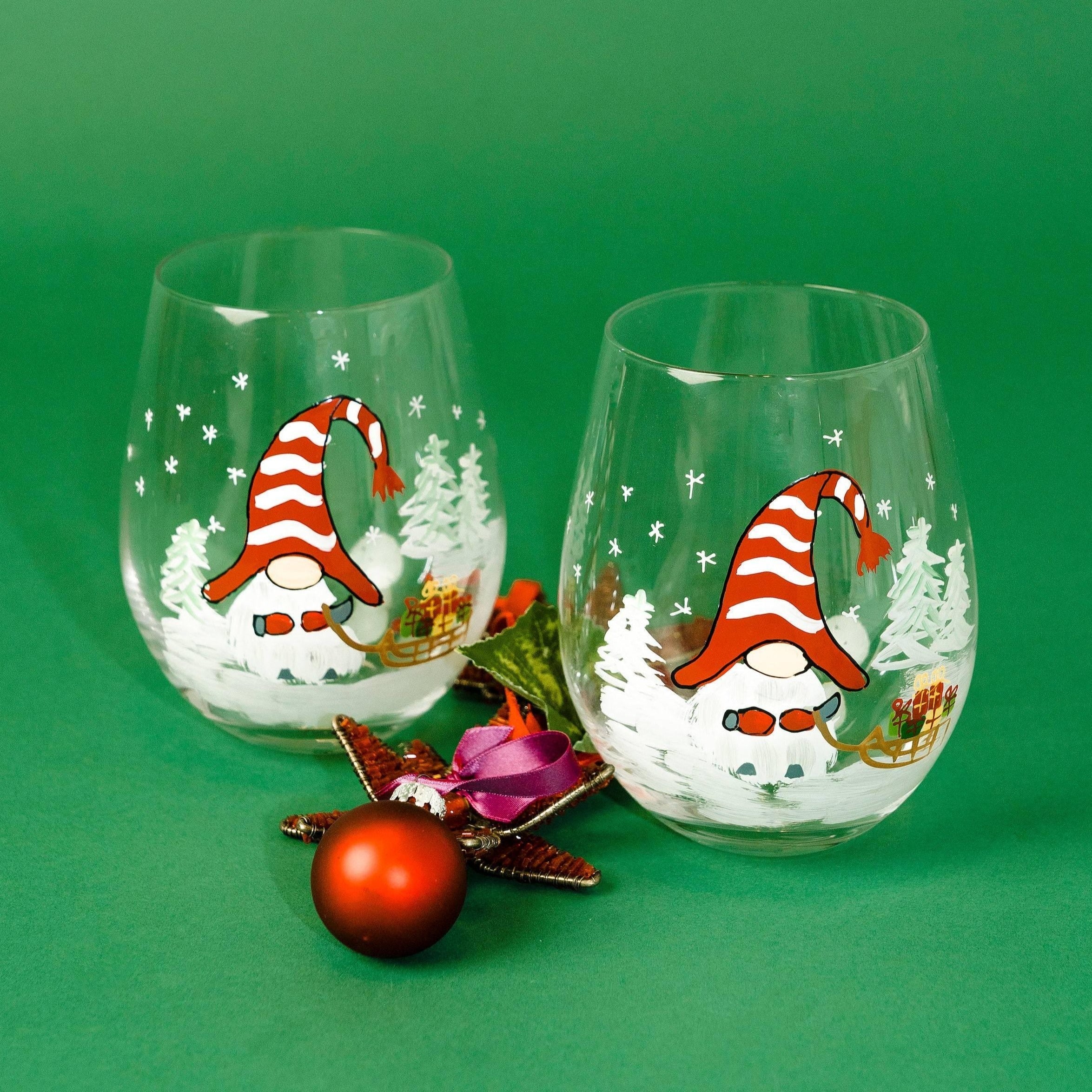 Painted Christmas Gnome Stemless Wine Glasses