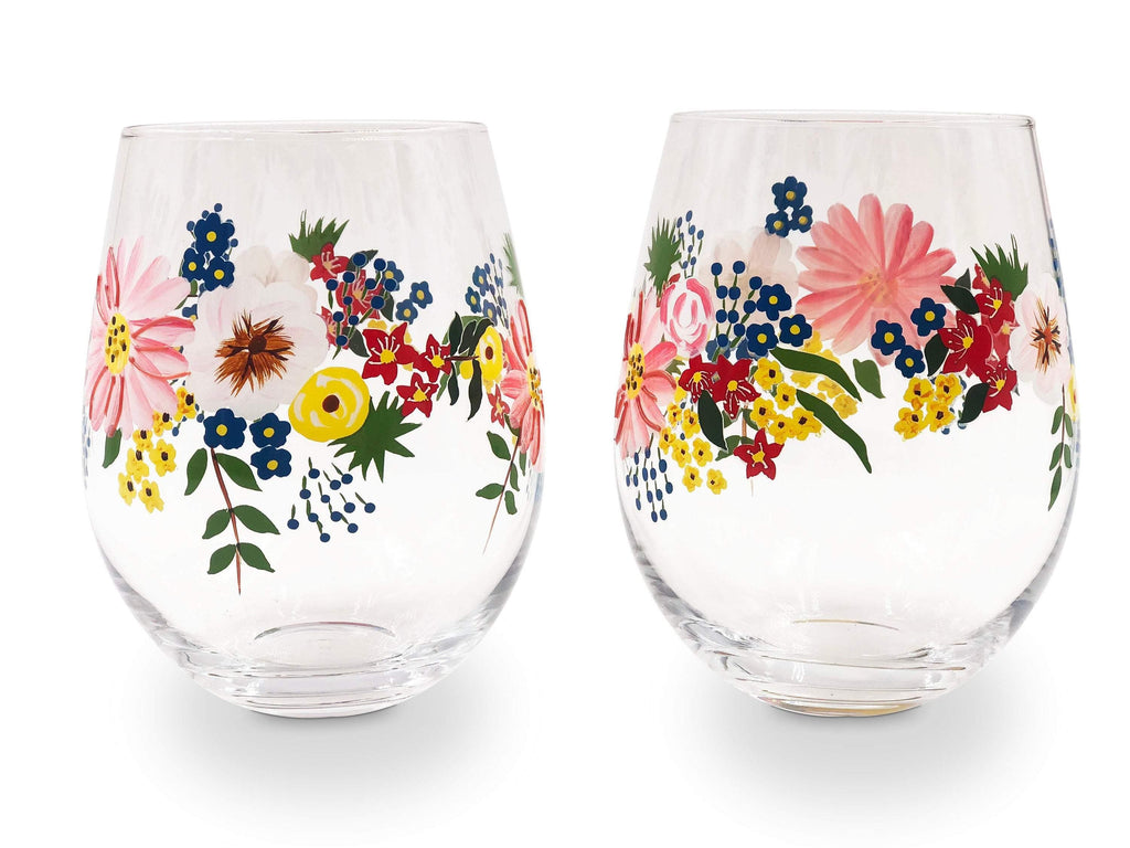 Painted Floral Stemless Wine Glasses