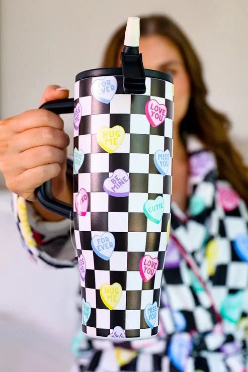 Jess Lea-Checkered Conversation Hearts Sleek Tumbler - Che Cose Belle