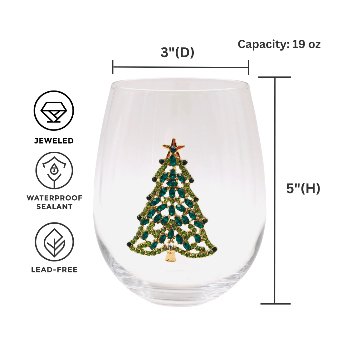 Bedazzled Christmas Tree Stemless Wine Glasses